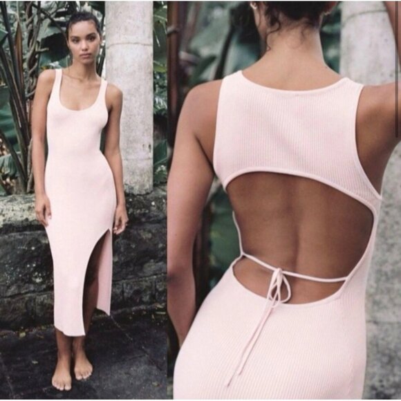 Significant Other Venetia Knit Maxi dress ribbed pink leg slit US 2 - Picture 3 of 8